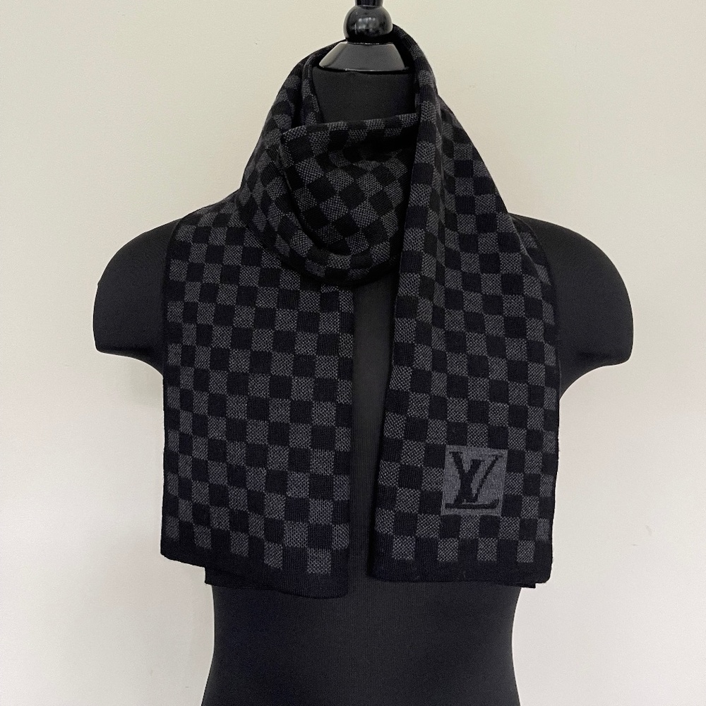 New Louis Vuitton Scarf Damier Wool Black Gray Wrap - Picture 4 of 8